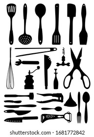 set of silhouettes kitchen accessories tools vector illustration