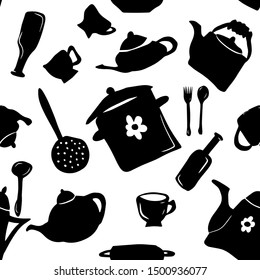 Set of silhouettes of kitchen utensils. Children's drawing. Seamless monochrome background. Vector illustration