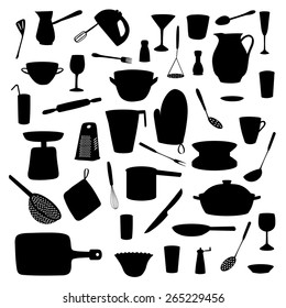 Set of silhouettes of kitchen utensils on a white background. vector illustration.