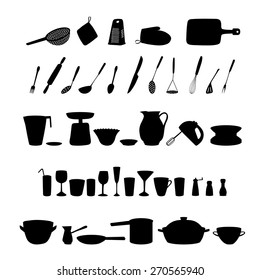 Set of silhouettes of kitchen utensils on a white background. vector illustration.