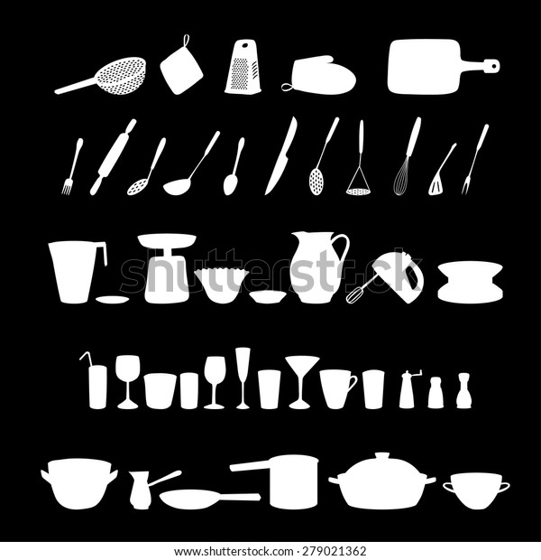 Set Silhouettes Kitchen Utensils On Black Stock Vector Royalty Free 279021362