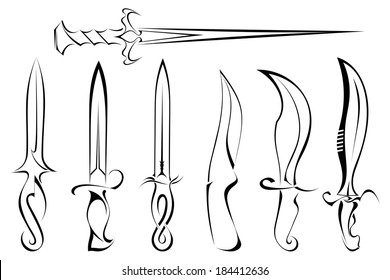 Set of silhouettes of knife tattoo