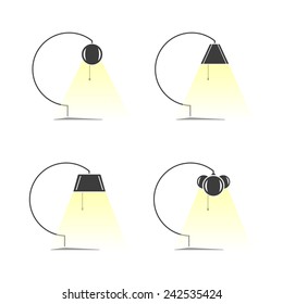 Set of silhouettes of lamps emitting light. Vector