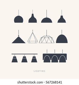 Set of silhouettes of the lamps on a light background. Furniture icons. Vector illustration.