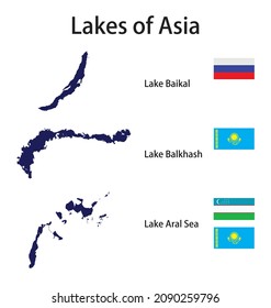 a set of silhouettes of the largest lakes of Asia Baikal,Balkhash,Aral Sea with flags of the countries in which they are located vector illustration