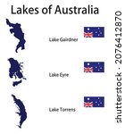 a set of silhouettes of the largest lakes of Australia Gairdner,Eyre,Torrens with flags of the countries in which they are located vector illustration