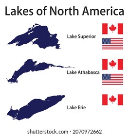a set of silhouettes of the largest lakes of North America Erie Athabasca Superior with flags of the countries in which they are located vector illustration