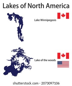 a set of silhouettes of the largest lakes of North America Winnipegosis,Lake of the Woods with flags of the countries in which they are located vector illustration