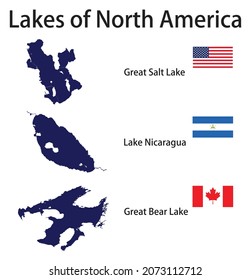 a set of silhouettes of the largest lakes of North America Great Bear Lake,Great Salt Lake,Nicaragua with flags of the countries in which they are located vector illustration