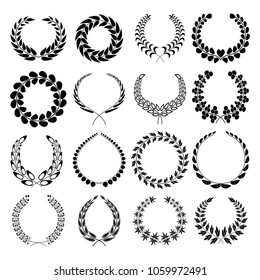 Set of silhouettes of laurel wreaths. Wreath vector icons different shapes isolated on white background. Victory, triumph and rewarding. Vector illustration