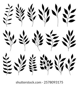 set of silhouettes of leaves	