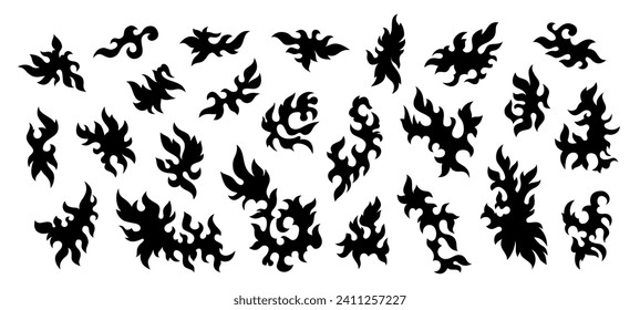 Set of silhouettes of leaves, botanical elements. Vector graphics. Collection of black silhouettes leaves. Vector elements isolated on white background. Tattoo art. Black and white illustration.