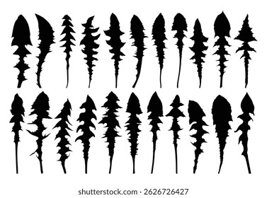 Set of silhouettes leaves a field dandelion.
