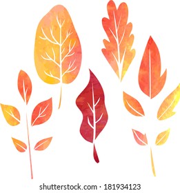 set of silhouettes of leaves in watercolor, vector illustration