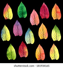 set of silhouettes of leaves in watercolor, vector illustration