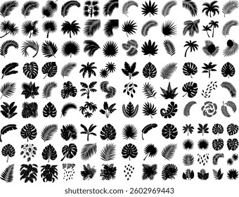 set of silhouettes of leaves,ropical leaves, palm leaves silhouettes, diverse collection, black shapes,