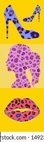 set silhouettes with leopard print, for fabric, clothes, fasion stock vector illustration posters on yellow background