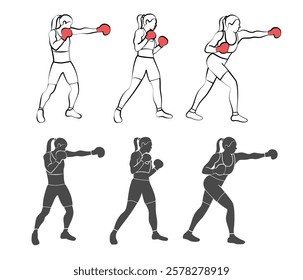 Set silhouettes, line art of a boxing girl in sportwear. Thai boxer sportive woman wearing gloves isolated on white background