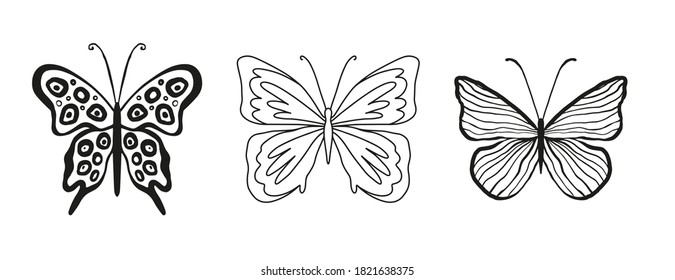 Set of silhouettes and lines of butterflies isolated on white background in vector format. It is very easy to edit objects and change colors. Henna tattoo, logo, print for beauty salon.