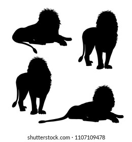 Set of silhouettes of lion in various poses. Vector illustration isolated on white background