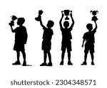 set of silhouettes of little boy lifting trophy