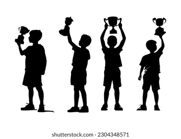 set of silhouettes of little boy lifting trophy