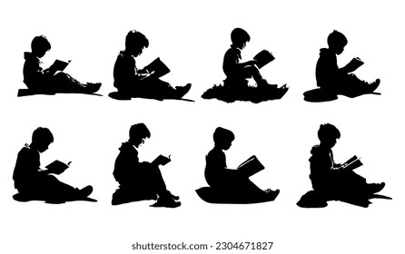 set of silhouettes of little boys sitting while reading a book