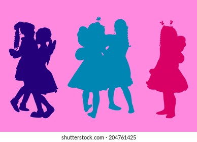 set silhouettes little girls in the kindergarten on a pink background vector
