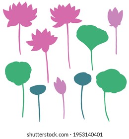 Set of silhouettes of lotus flowers, leaves and buds. Pink and green illustration.
