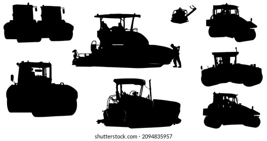 Set of silhouettes of machinery for road construction isolated on a white background. Vector illustration.