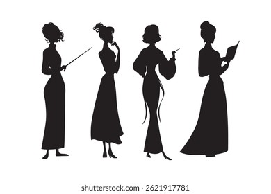 Conjunto de silhuetas da academia mágica para mulheres isoladas no fundo branco.