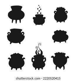 Set of silhouettes magic cauldron. Hand drawn vector illustration isolated on white background.