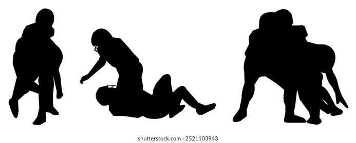 Set of silhouettes of male American football players. Various player poses. Isolated on a white background.