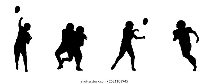 Set of silhouettes of male American football players. Various player poses. Isolated on a white background.