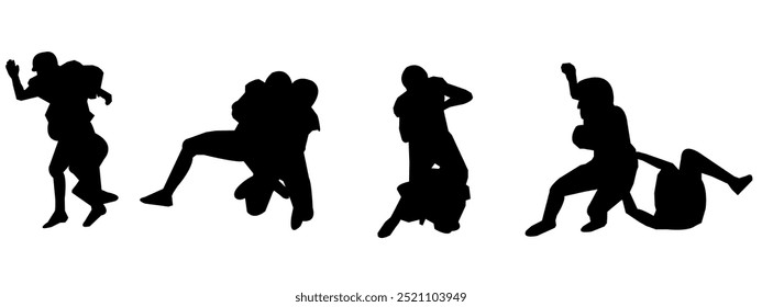 Set of silhouettes of male American football players. Various player poses. Isolated on a white background.