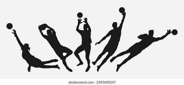 Set of silhouettes of male athlete goalkeeper jumping catching the ball. Football sport. Isolated on white background. Vector illustration.