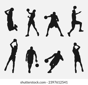 set of silhouettes of male basketball players with different poses, movements. isolated on white background. vector illustration.