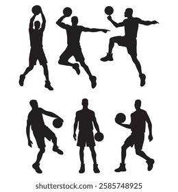 set of silhouettes of male basketball players with different poses, movements vector illustration.