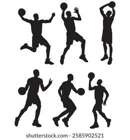 set of silhouettes of male basketball players with different poses, movements vector illustration.