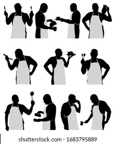 set of silhouettes of a male cook in an apron with dishes vector illustration