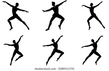 Set of Silhouettes of Male Dancers in Dancing Poses on White Background