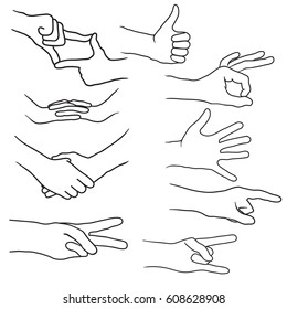 Set of silhouettes of male hands of different shapes, black on white background, nine species