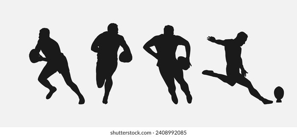 conjunto de siluetas de rugby masculino con diferente pose, gesto. aislado de fondo blanco. ilustración vectorial.