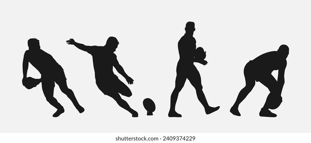 set of silhouettes of male rugby athlete with different pose, gesture. isolated on white background. vector illustration.