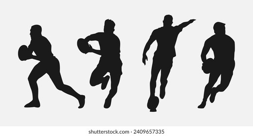 set of silhouettes of male rugby athlete with different pose, gesture. isolated on white background. vector illustration.