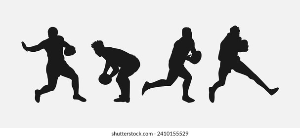 set of silhouettes of male rugby athlete with different pose, gesture. isolated on white background. vector illustration.