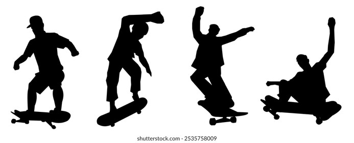 Set of silhouettes of male skateboarders. Isolated on white background. Skateboarding, sport, vector illustration.