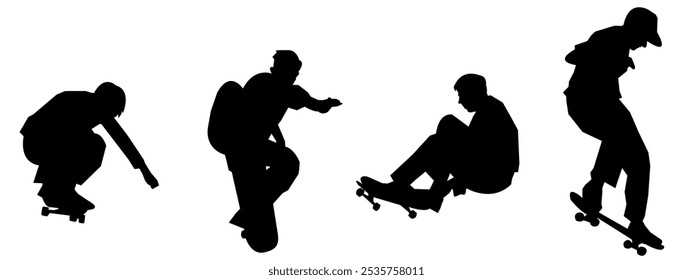 Set of silhouettes of male skateboarders. Isolated on white background. Skateboarding, sport, vector illustration.