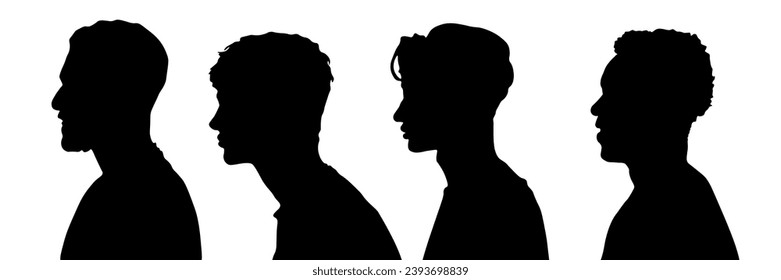 Set of silhouettes of a man, guy, boy. Shadow, profile, face. Black silhouette on a white background.
