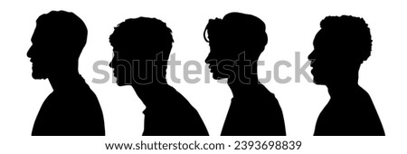 Set of silhouettes of a man, guy, boy. Shadow, profile, face. Black silhouette on a white background.
